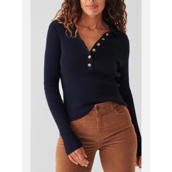 Faherty Tops - Faherty Mikko Polo Cashmere Cotton Ribbed Sweater Navy Bella Swan Small